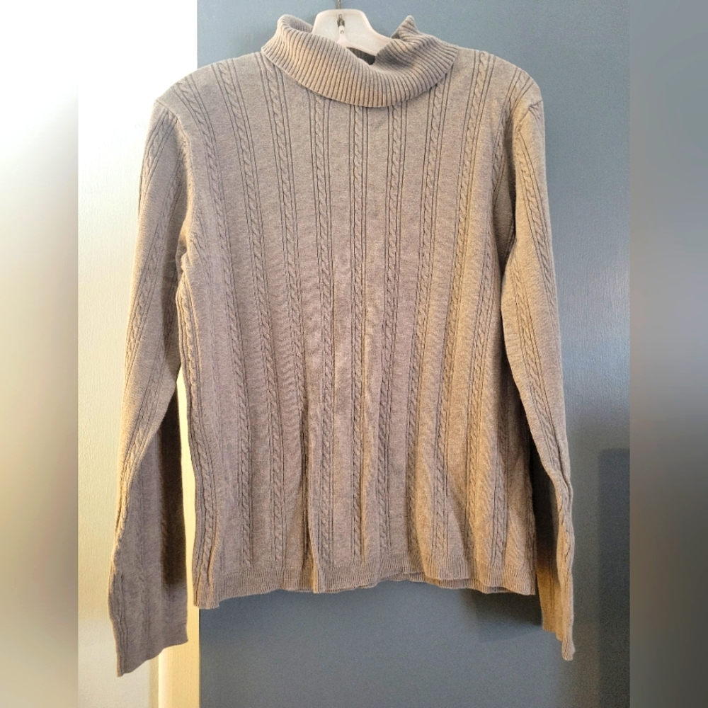 EUC MISSES sz L Croft & Barrow Gray/ Brown Cotton Ribbed Knit Turtleneck Sweater